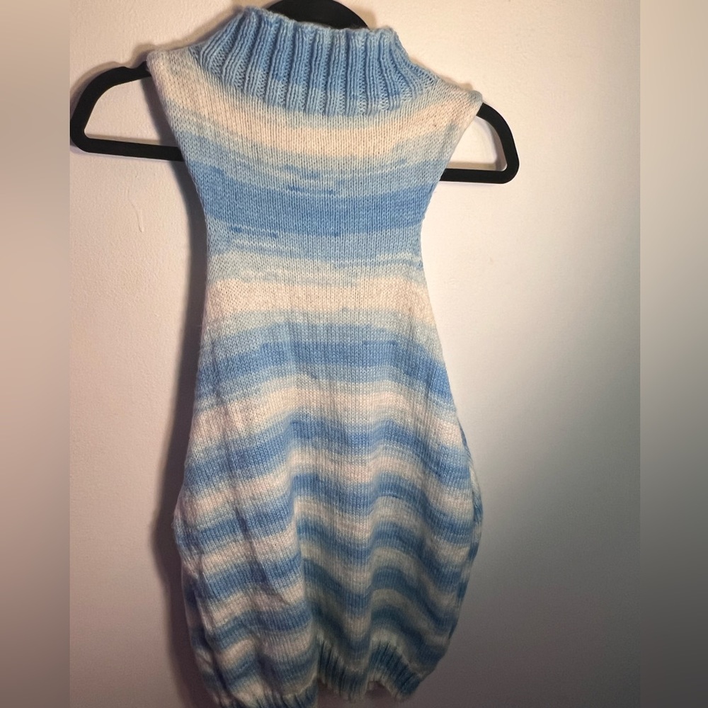 blue and white turtleneck sweater dress